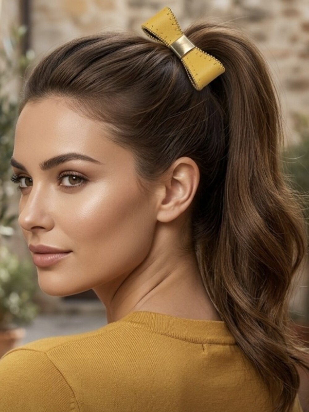 Yellow Leather Bow Hair Scrunchie Tie Gold Stitch Detail